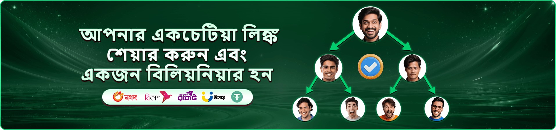 রেফারেল কমিশন কাঠামো দেখানো সবুজ প্রচারমূলক ব্যানার